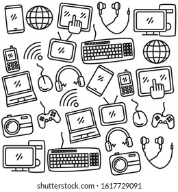 Set of gadget and internet doodle vector illustration such as smartphone, laptop, computer, website and more 