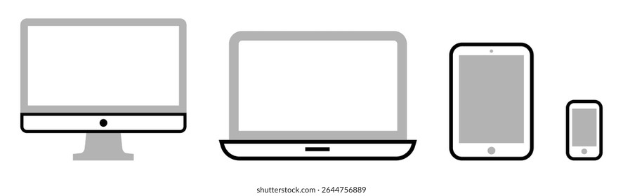 Set of Gadget objects icons: pc monitor, laptop, tablet pc and smart phone, on transparent background, flat line design, vector illustration