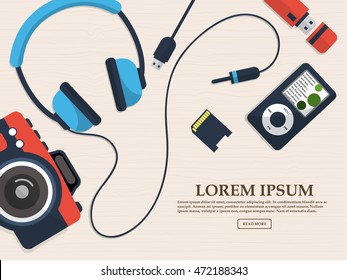 Set of gadget with photo camera, flash card and headphones on a table with space for your advertising. Vector illustration