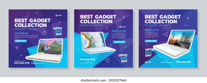 Set of gadget and technology social media post with abstract triangle background premium vector template