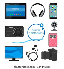 Set of gadgets and consumer electronic devices. Vector illustration in flat style. Design items and icons, phone, computer, camera, tablet, headphones.