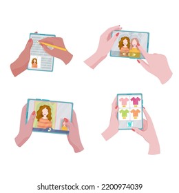A set of gadgets in hands. Smartphone, tablet or e-book. A device for communication, learning and creativity. Vector illustration of isolates on a white background.
