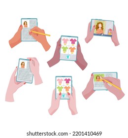 Un conjunto de gadgets en las manos. Smartphone, tablet o e-book. Un dispositivo de comunicación, aprendizaje y creatividad. Ilustración vectorial de aislados en un fondo blanco.