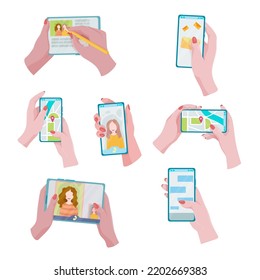 A set of gadgets in hands. Smartphone, tablet or e-book. A device for communication, learning and creativity. Vector illustration of isolates on a white background.