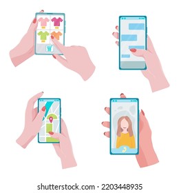 Un conjunto de gadgets en las manos. Smartphone, tablet o e-book. Un dispositivo de comunicación, aprendizaje y creatividad. Ilustración vectorial de aislados en un fondo blanco.