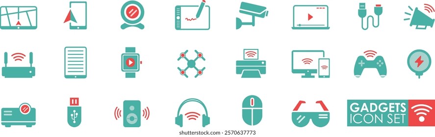 A set of Gadgets icons in solid style. The set contains icons projector, wireless, charger, drone, tablet, and camera 