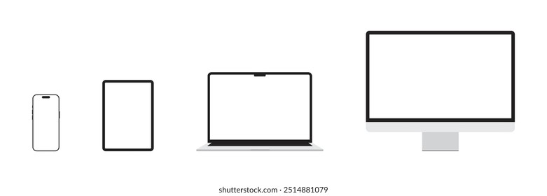 Um conjunto de gadgets: smartphone, tablet, laptop, monitor, design minimalista, isolado em um fundo branco.