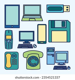 Set of Gadgets and Technology Cute Flat Line Illustration