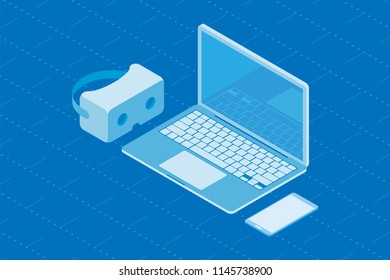 Set of gadgets for virtual and augmented reality. Isometric computer with smartphone and VR glasses on a blue background. Vector illustration EPS 10.