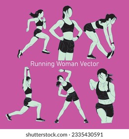set of gait vector illustrations of sexy slender girls in sports uniforms (shorts and sports bra). running woman. color and line art silhouette vector set isolated