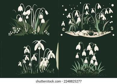 Juego de galanthus o nevada en la hierba, fondo floral primaveral, flores kawaii en la nieve