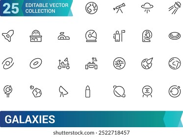 Set of galaxies related line icons. Planet earth, alien and more. Editable stroke. Pixel perfect. Outline icons collection. Editable stroke icons set.