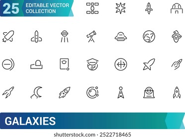 Set of galaxies related line icons. Planet earth, alien and more. Editable stroke. Pixel perfect. Outline icons collection. Editable stroke icons set.