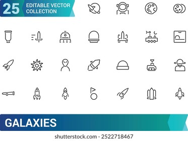 Set of galaxies related line icons. Planet earth, alien and more. Editable stroke. Pixel perfect. Outline icons collection. Editable stroke icons set.