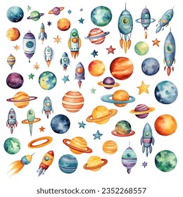 Set of Galaxy Clipart Painted in Watercolor