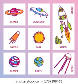 Set of galaxy cosmic elements astronaut, earth, satellite, comet, planet, sun, rocket and meteorite univerce vector cartoon illustration space cosmos