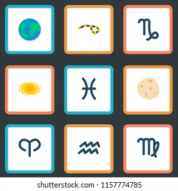 Set of galaxy icons flat style symbols with globe, aries, asteroid and other icons for your web mobile app logo design.