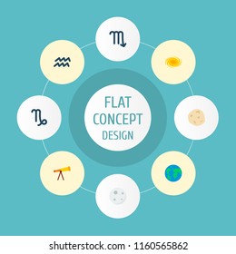 Set of galaxy icons flat style symbols with telescope, aqurius, galaxy and other icons for your web mobile app logo design.
