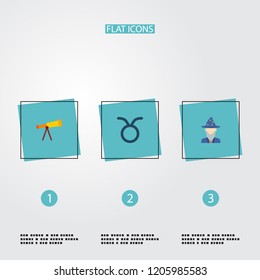 Set of galaxy icons flat style symbols with astrologer, telescope, taurus and other icons for your web mobile app logo design.