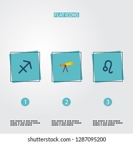 Set of galaxy icons flat style symbols with sagittarius, telescope, leo and other icons for your web mobile app logo design.