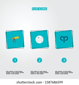 Set of galaxy icons flat style symbols with telescope, moon, aries and other icons for your web mobile app logo design.