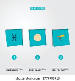 Conjunto de iconos de galaxia símbolos de estilo plano con telescopio, pisces, asteroides y otros iconos para el diseño del logo de tu aplicación móvil web.