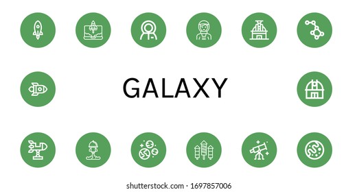 Set of galaxy icons. Such as Rocket, Astronaut, Observatory, Constellation, Planets, Stargazing, Mars , galaxy icons