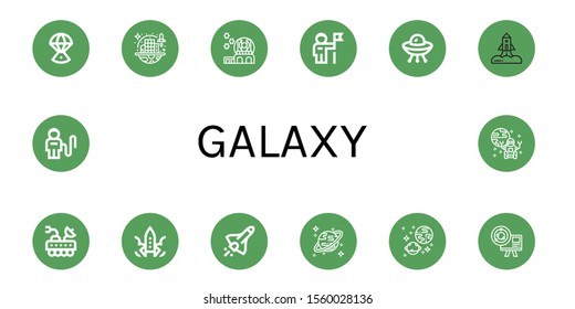 Set of galaxy icons. Such as Space capsule, Space colonization, Observatory, Astronaut, Ufo, Rocket, Moon rover, Space shuttle, Uranus, Universe, Astronomy, Rover , galaxy icons