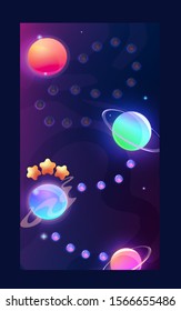 Set of Galaxy Level Maps Assets.Space  World Mobile Game User interface. GUI map screen. Colors planet on galaxy background. Forest game elements.Vector gui. Game map for casual game. 