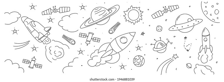 Set of galaxy planet doodles isolated on white background