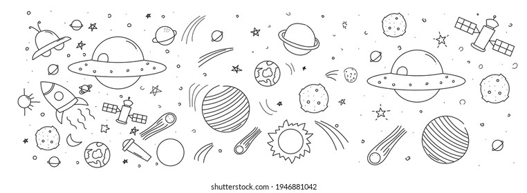 Set of galaxy planet doodles isolated on white background