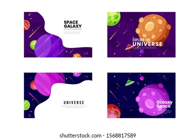 set of galaxy space banners, Flat Galaxy futuristic colorful background with rocket and ufo vector illustration. Suitable For Wallpaper, Banner, Background, Book Illustration, Web Landing Page