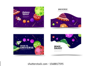 set of galaxy space banners, Flat Galaxy futuristic colorful background with rocket and ufo vector illustration. Suitable For Wallpaper, Banner, Background, Book Illustration, Web Landing Page