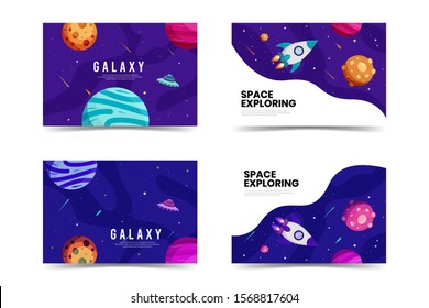 set of galaxy space banners, Flat Galaxy futuristic colorful background with rocket and ufo vector illustration. Suitable For Wallpaper, Banner, Background, Book Illustration, Web Landing Page