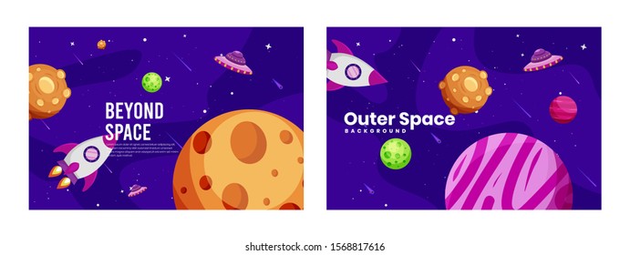 set of galaxy space banners, Flat Galaxy futuristic colorful background with rocket and ufo vector illustration. Suitable For Wallpaper, Banner, Background, Book Illustration, Web Landing Page