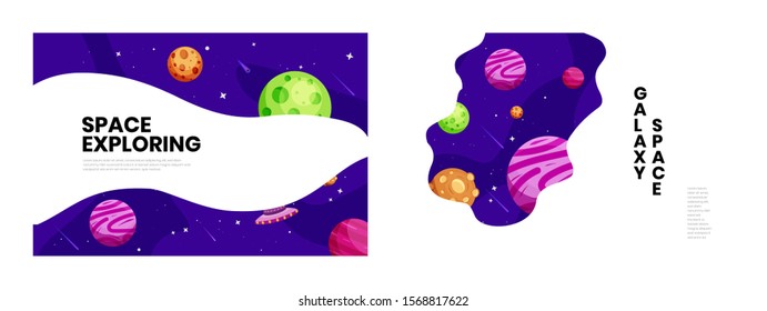 set of galaxy space banners, Flat Galaxy futuristic colorful background with rocket and ufo vector illustration. Suitable For Wallpaper, Banner, Background, Book Illustration, Web Landing Page