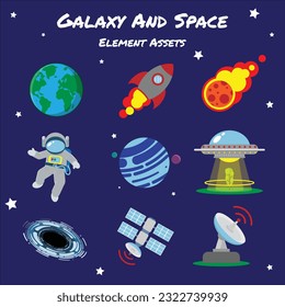 set of galaxy and space elements asset flat design