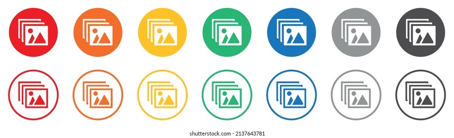 Set of gallery icons. Image symbol, image preview icon. Photo album, landscape photo image on circle buttons, colorful buttons. Picture placeholder vector.