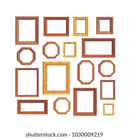 Set of gallery picture frames. Wooden and gold baguette. Pixel art style. Isolated vector illustration