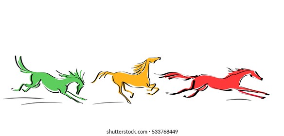 Set of galloping red, yellow, orange horses in motion on white background. Line hand drawing. Vector.
