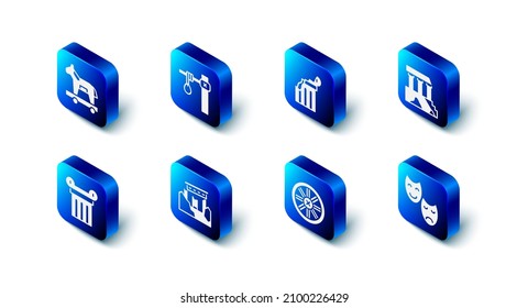 Set Gallows, Broken ancient column, Parthenon, Comedy and tragedy masks, Old wooden wheel, Ancient ruins,  and Trojan horse icon. Vector