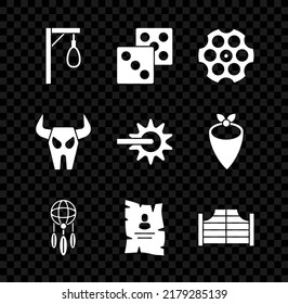 Set Gallows, Game dice, Revolver cylinder, Dream catcher with feathers, Wanted western poster, Saloon door, Buffalo skull and Spur icon. Vector