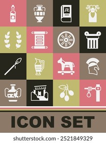 Set Gallows, Greek helmet, Ancient column, history book, Decree, parchment, scroll, Laurel wreath, Bottle of wine and Old wooden wheel icon. Vector