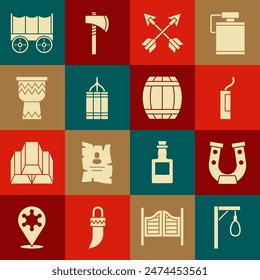 Set Gallows, Horseshoe, Dynamite bomb, Crossed arrows, Drum, Wild west covered wagon and Gun powder barrel icon. Vector