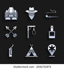 Set Gallow, indio tepee o wigwam, sheriff Hexagram, botella Tequila, bomba dinamita, flechas cruzadas, barra de fumadores e icono de barras de oro. Vector