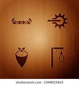 Set Gallows, Kayak or canoe and paddle, Cowboy bandana and Spur on wooden background. Vector