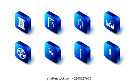 Set Gallows, Medieval flag, King crown, sword, spear, Round wooden shield and Decree, parchment, scroll icon. Vector