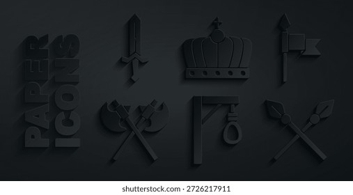 Set Galgen, Mittelalterlicher Speer, Kreuzte Mittelalterliche Äxte, Speere, König Krone und Schwert Symbol. Vektorgrafik