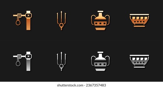 Set Gallows, Neptune Trident, Ancient amphorae and Greek ancient bowl icon. Vector