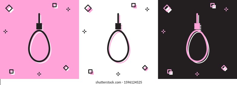 Set Gallows rope loop hanging icon isolated on pink and white, black background. Rope tied into noose. Suicide, hanging or lynching.  Vector Illustration